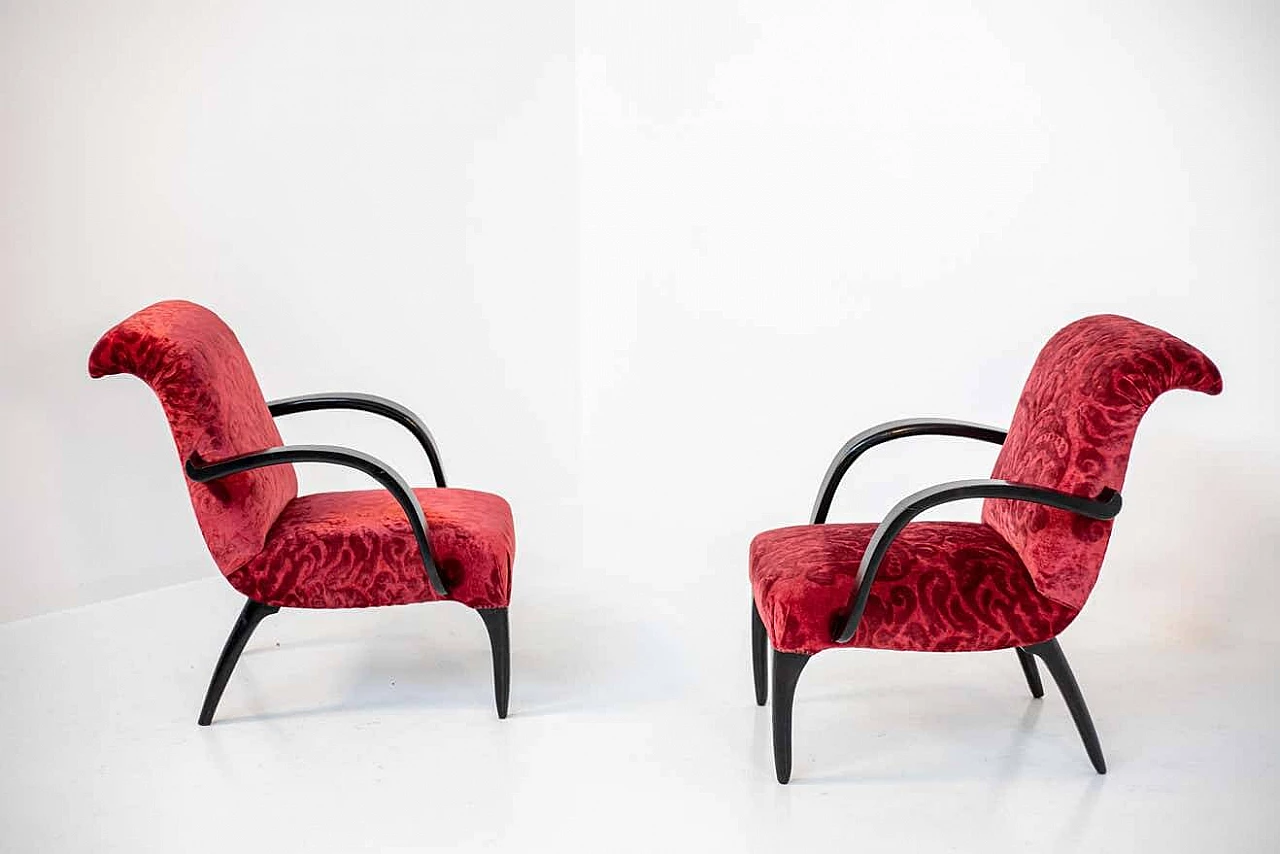 Pair of armchairs in damask velvet and wood attributed to Gilbert Rohde, 1950s 1