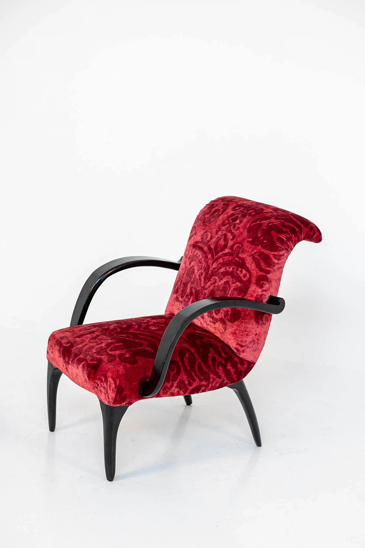 Pair of armchairs in damask velvet and wood attributed to Gilbert Rohde, 1950s 4