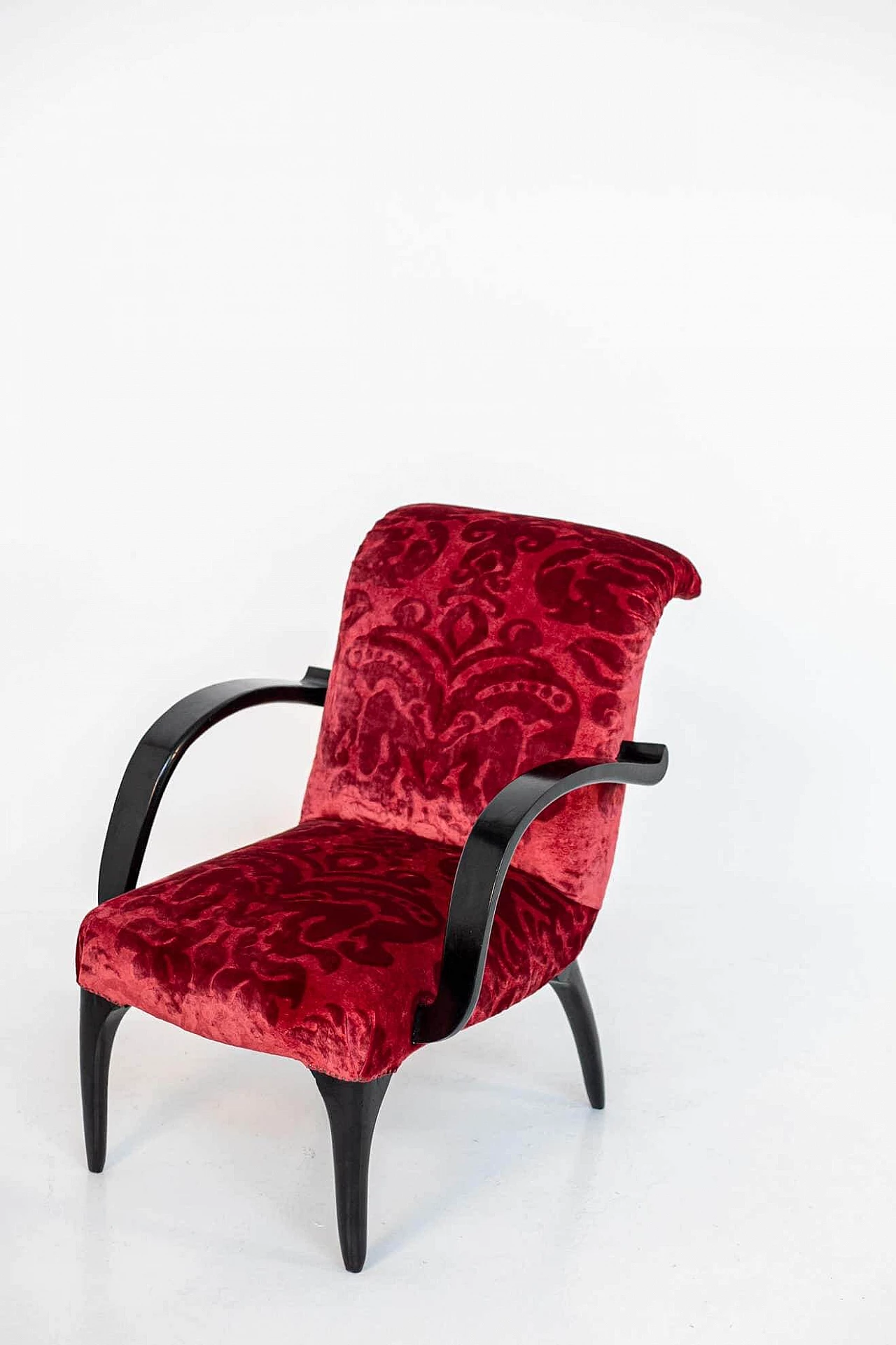 Pair of armchairs in damask velvet and wood attributed to Gilbert Rohde, 1950s 5