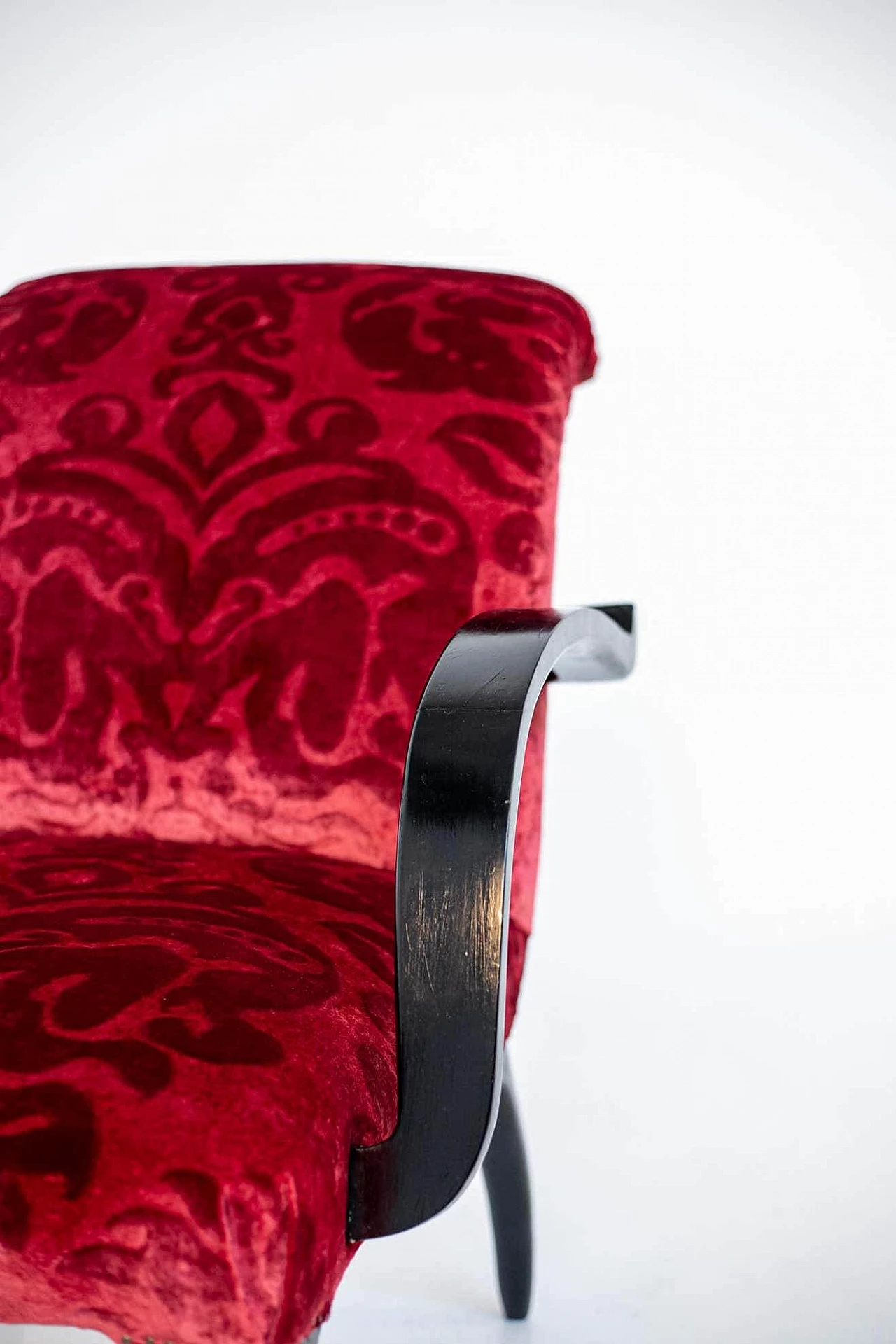 Pair of armchairs in damask velvet and wood attributed to Gilbert Rohde, 1950s 13