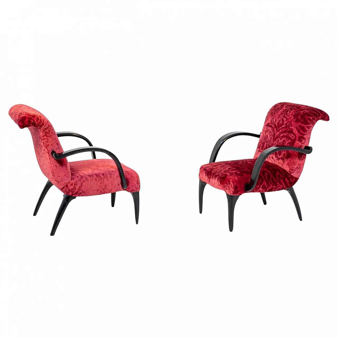 Pair of armchairs in damask velvet and wood attributed to Gilbert Rohde, 1950s 15