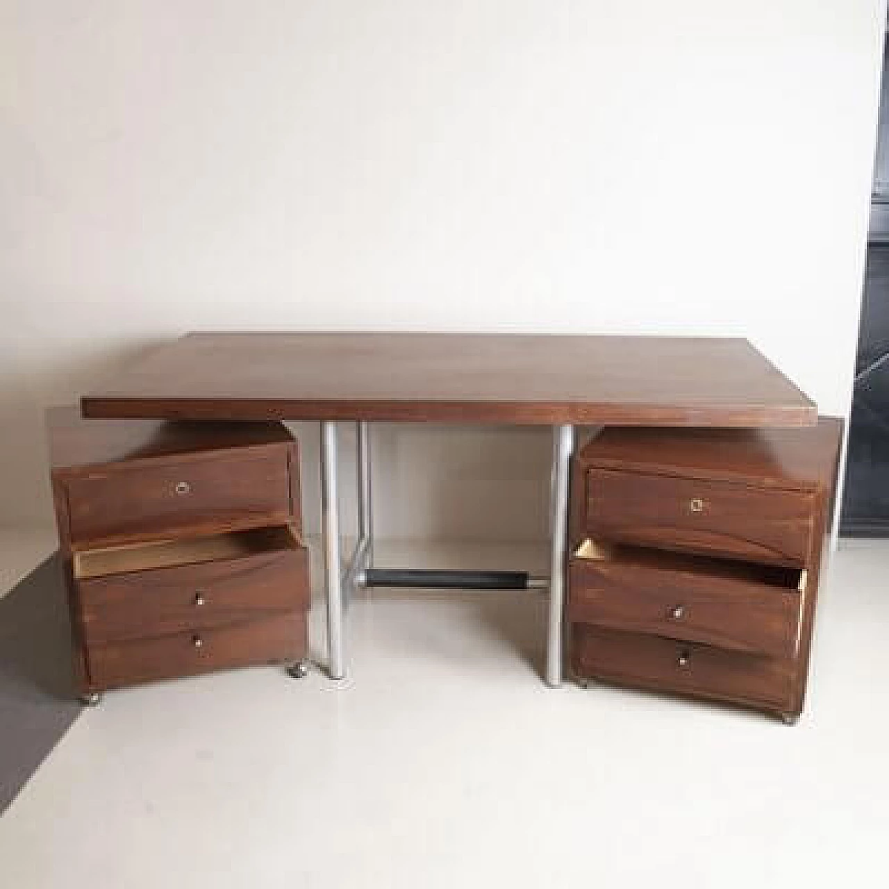 Walnut and metal desk with removable drawers, 1960s 4