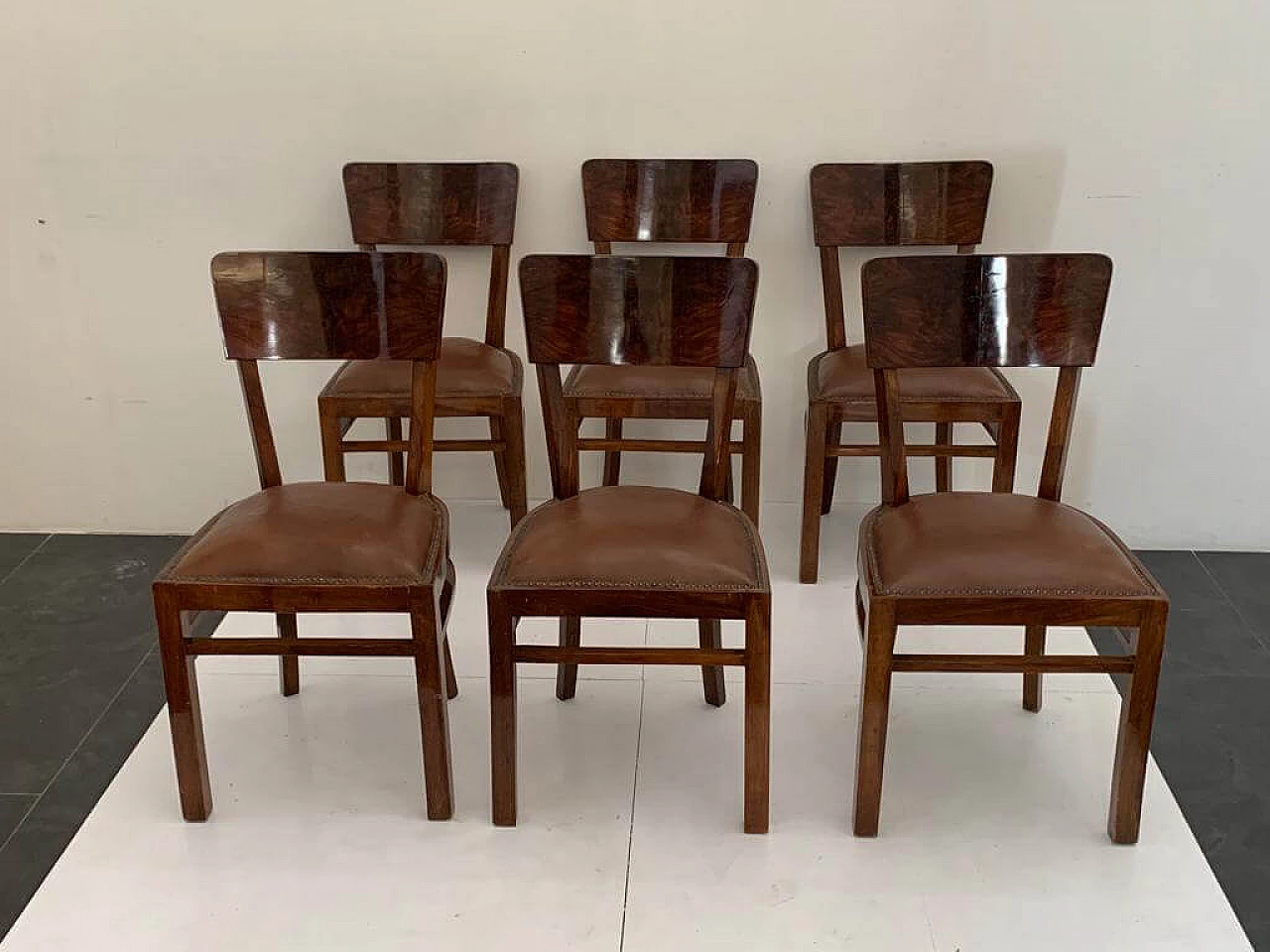 6 Art Deco walnut-root chairs with leather seats, 1940s 1