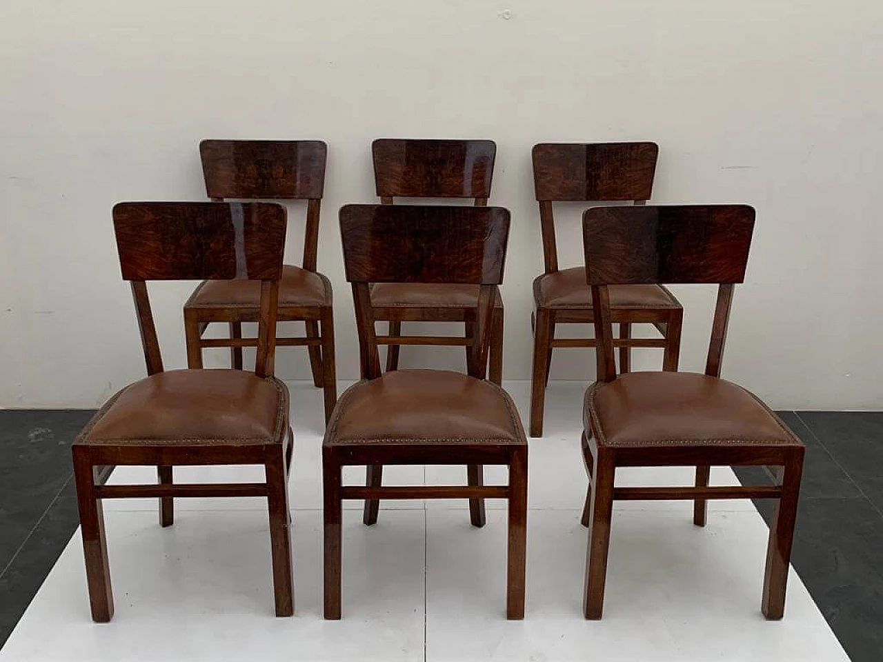 6 Art Deco walnut-root chairs with leather seats, 1940s 2