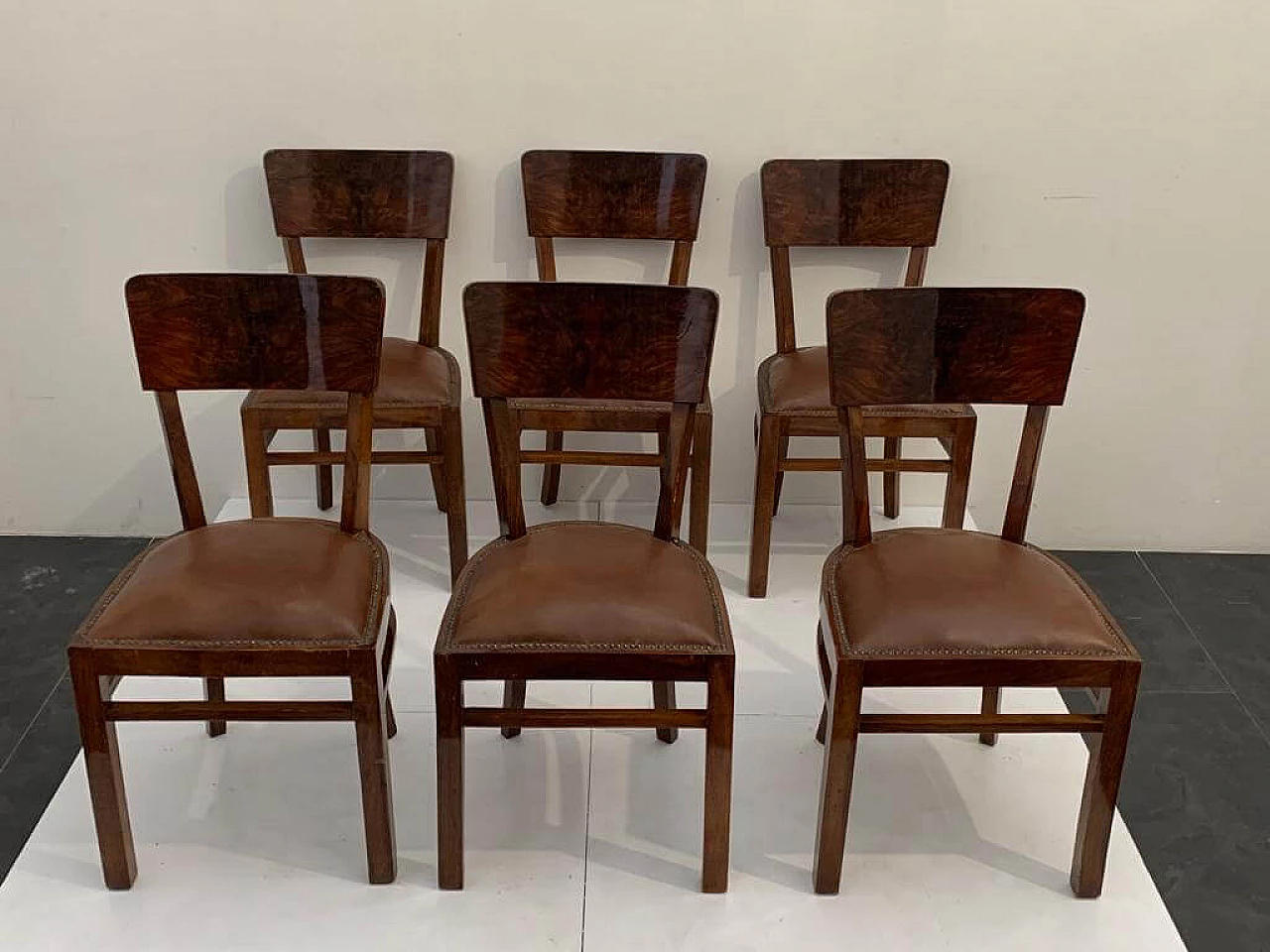 6 Art Deco walnut-root chairs with leather seats, 1940s 3