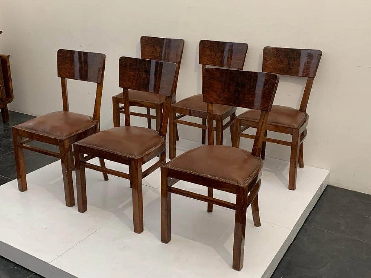 6 Art Deco walnut-root chairs with leather seats, 1940s 4