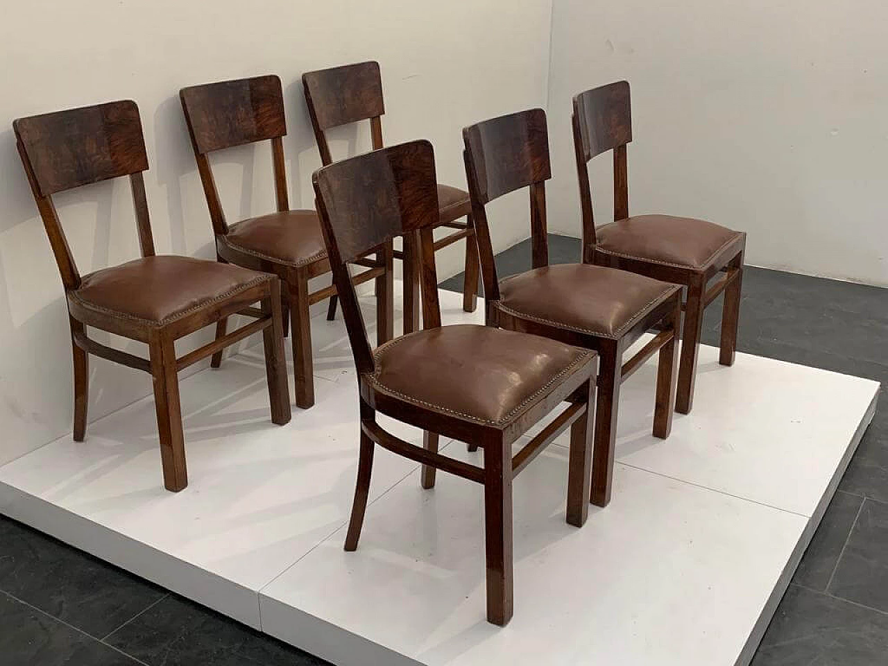 6 Art Deco walnut-root chairs with leather seats, 1940s 5