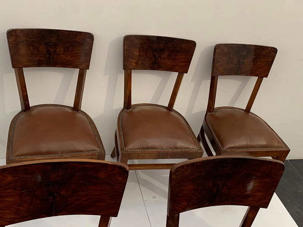 6 Art Deco walnut-root chairs with leather seats, 1940s 7
