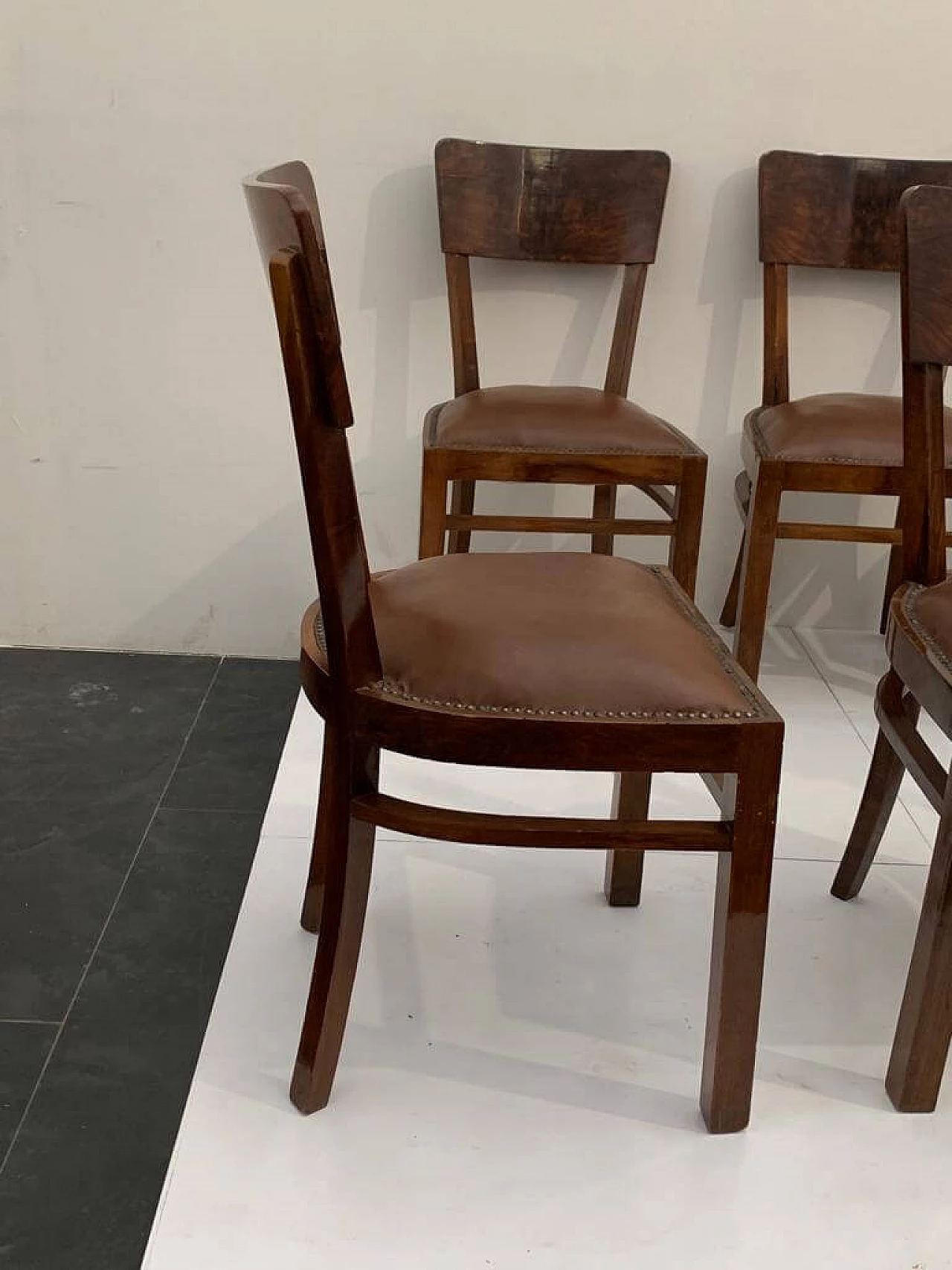 6 Art Deco walnut-root chairs with leather seats, 1940s 8