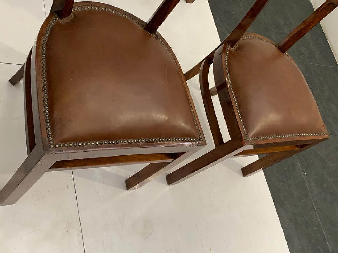 6 Art Deco walnut-root chairs with leather seats, 1940s 10