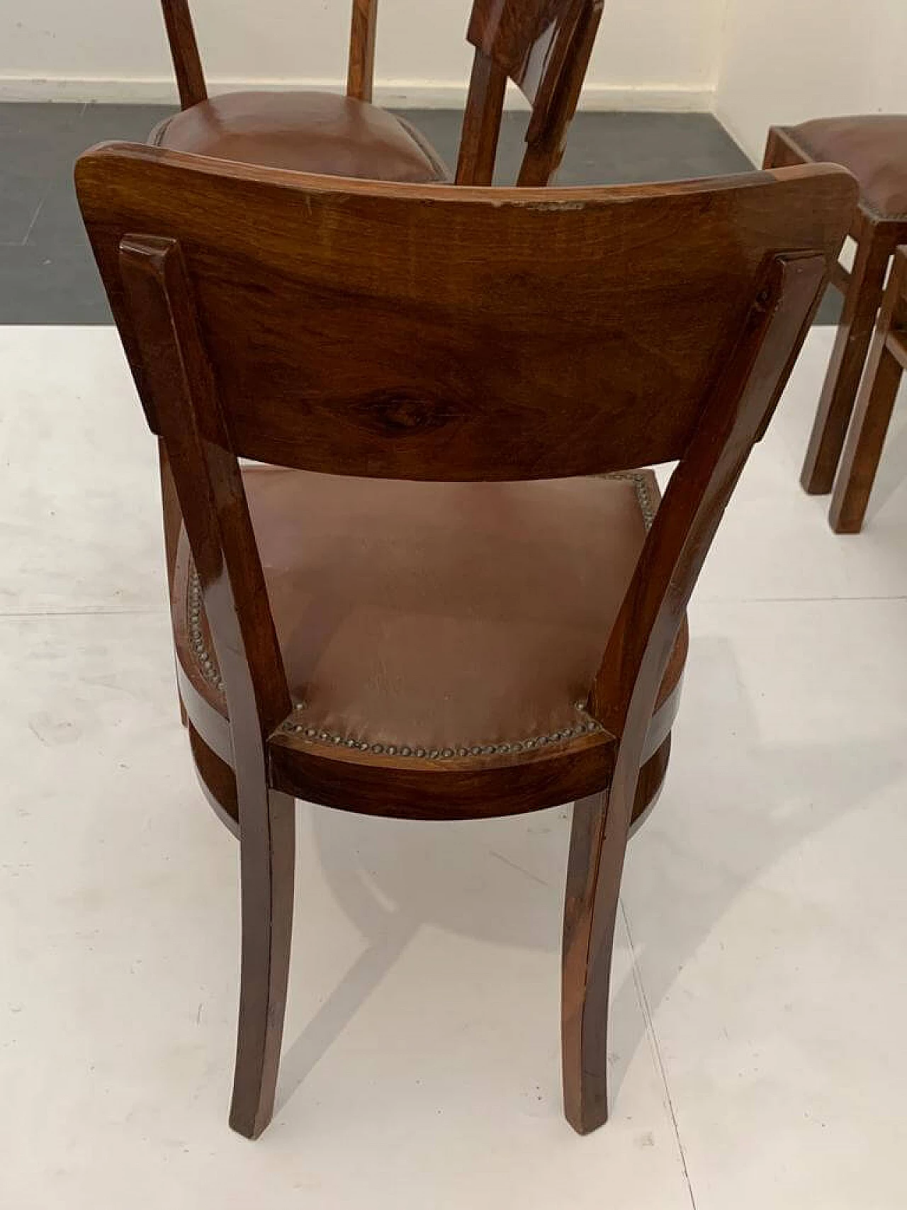 6 Art Deco walnut-root chairs with leather seats, 1940s 11