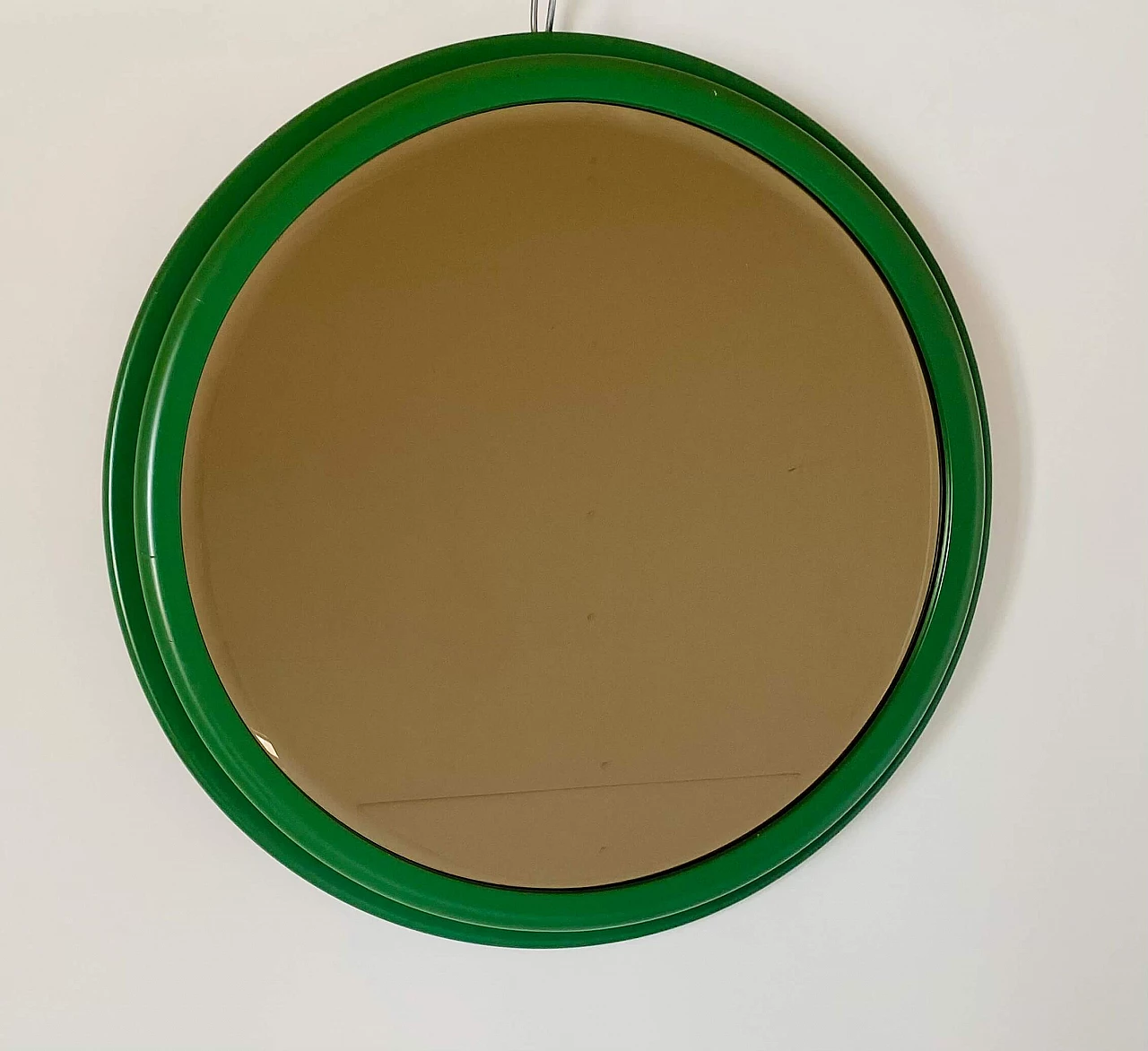 Specchio rotondo in legno massello verde, anni '60 2
