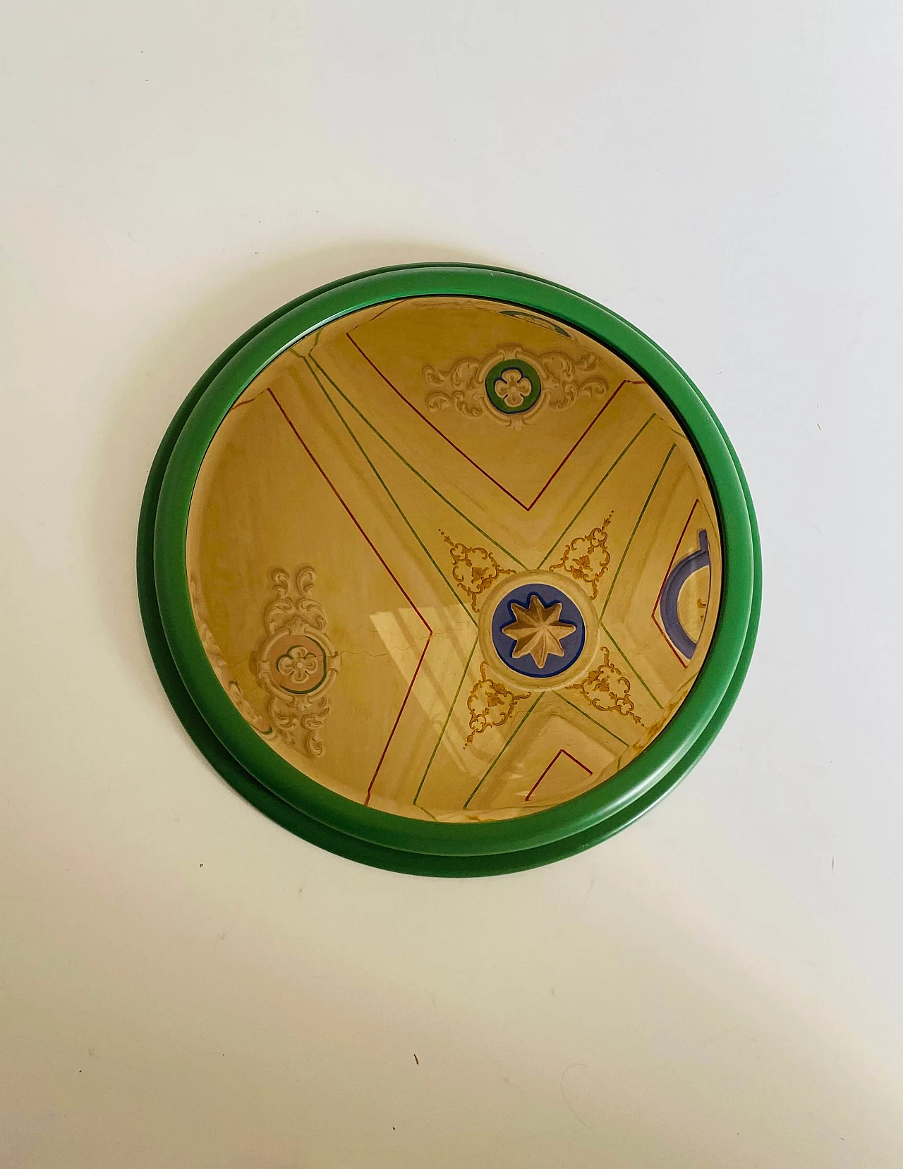 Specchio rotondo in legno massello verde, anni '60 4