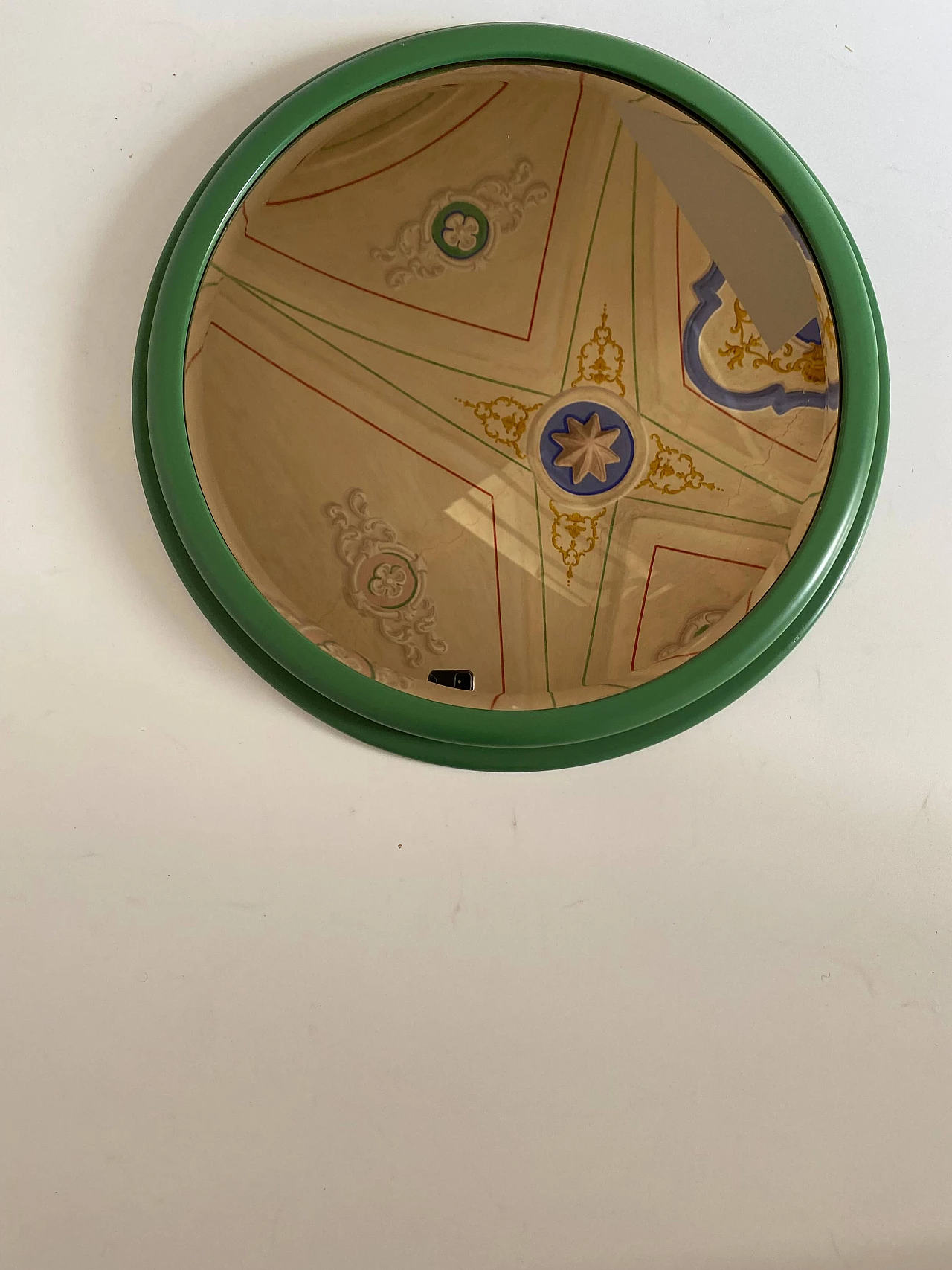 Specchio rotondo in legno massello verde, anni '60 9