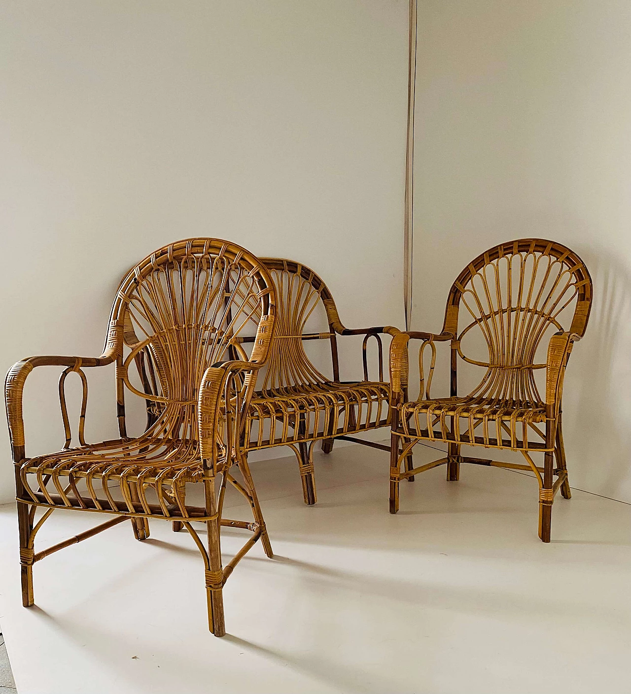 Sofa and pair of armchairs in rattan, 1960s 13