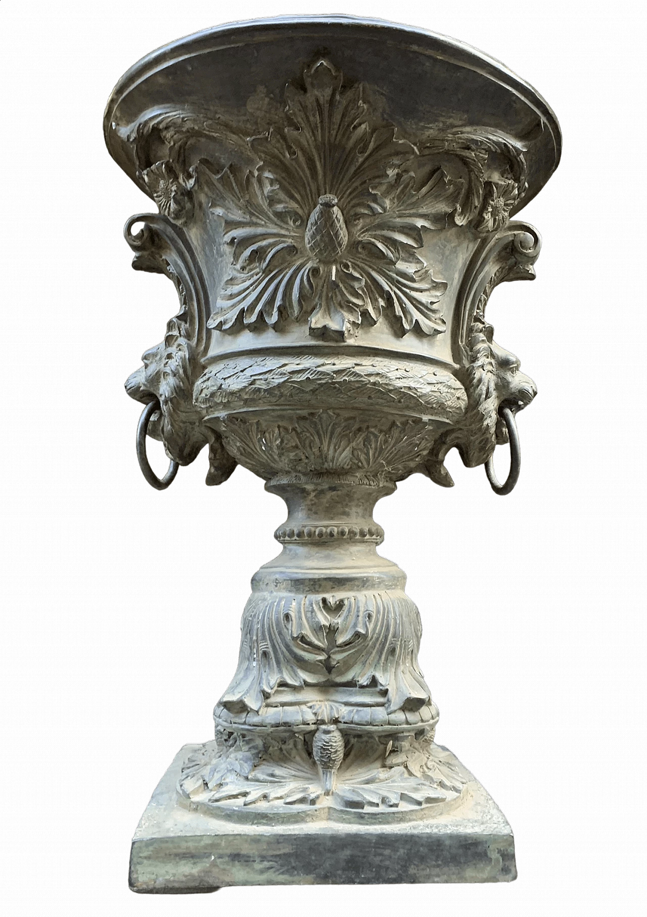 Louis XVI style cast bronze urn with lion's head handles 16
