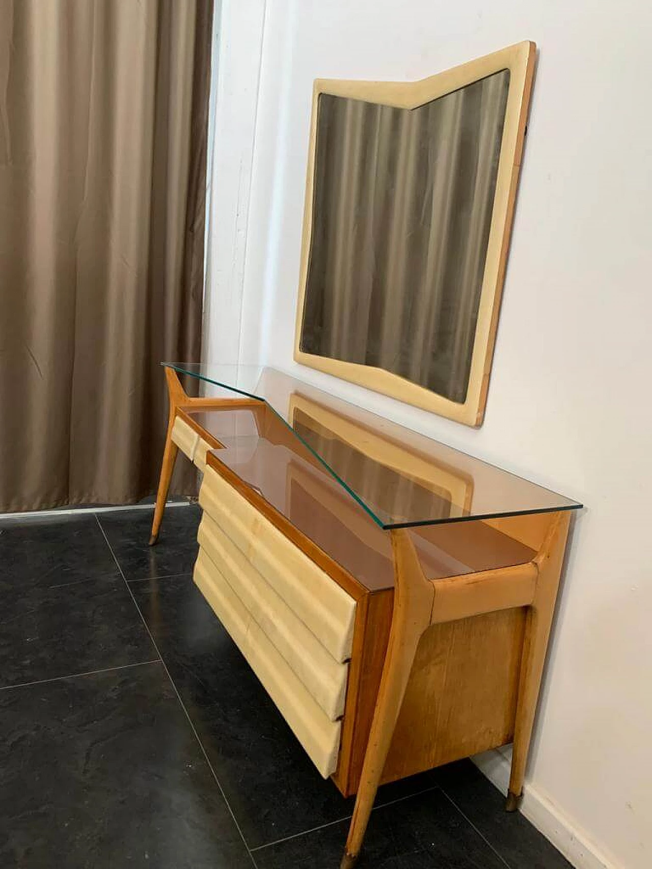 Maple, parchment and glass chest of drawers and mirror attributed to Silvio Cavatorta, 1950s 3