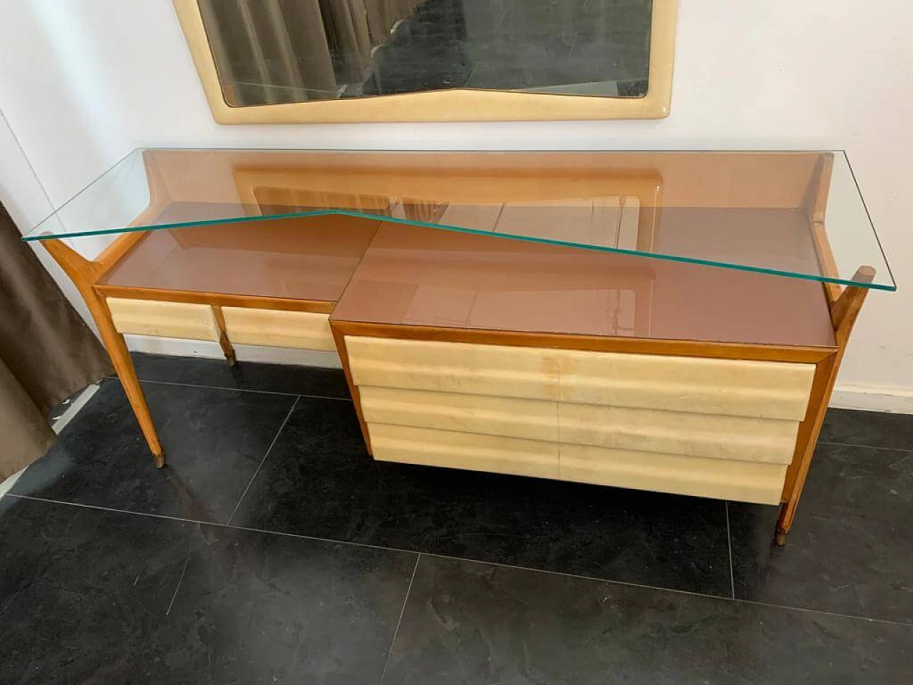 Maple, parchment and glass chest of drawers and mirror attributed to Silvio Cavatorta, 1950s 8