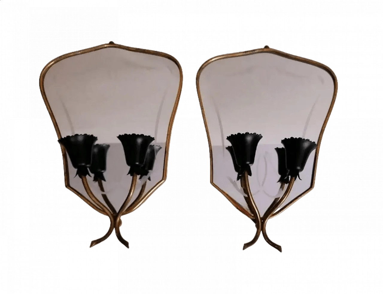 Coppia di applique con specchio decorato in pietra serena, anni '50 14