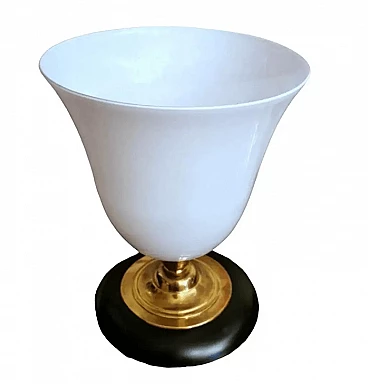 Lampada da tavolo in stile Mazda in vetro opalino, ottone e legno, anni '30