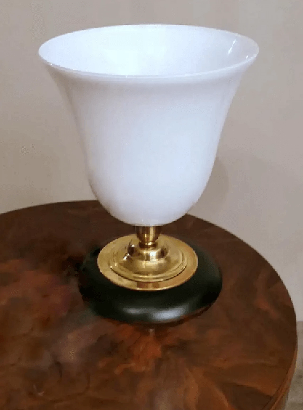 Mazda-style table lamp in opaline glass, brass and wood, 1930s 3