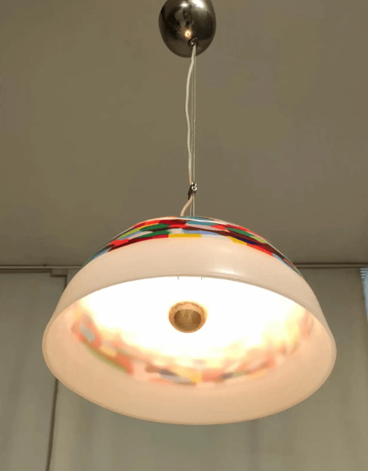 White and coloured blown glass and chrome-plated metal chandelier by Murrina, 1980s 5