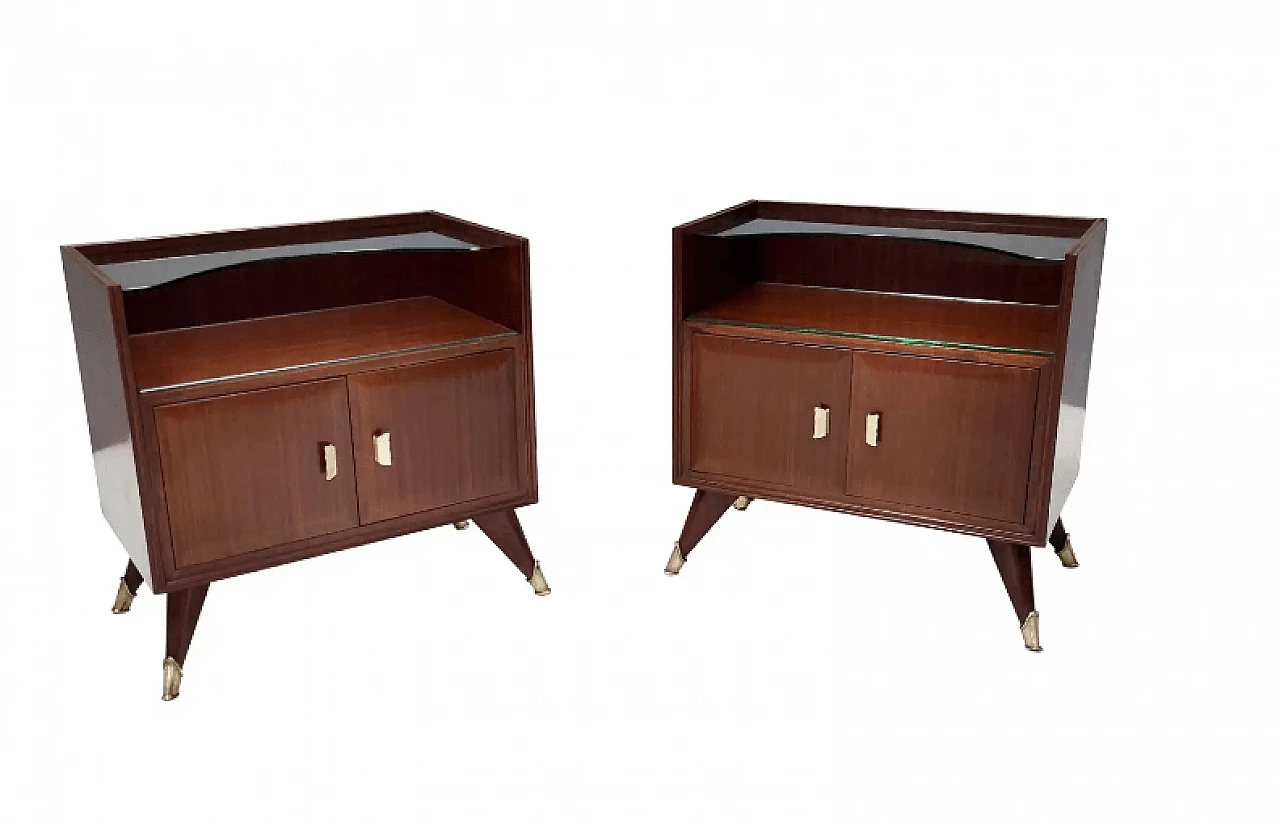 Pair of wooden bedside tables with crystal top shelf, 1950s 1