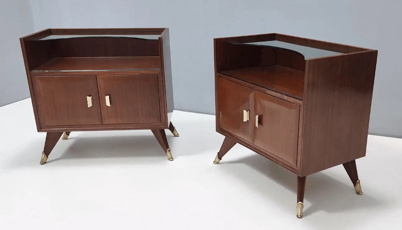 Pair of wooden bedside tables with crystal top shelf, 1950s 3