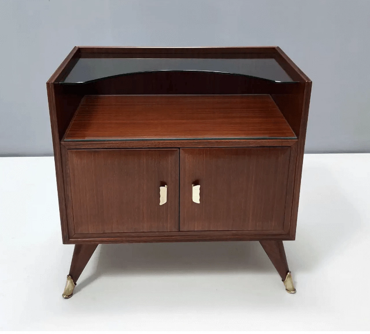 Pair of wooden bedside tables with crystal top shelf, 1950s 4