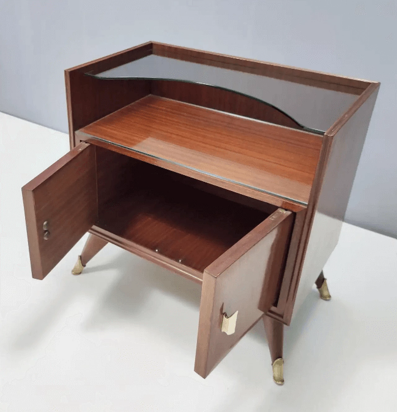 Pair of wooden bedside tables with crystal top shelf, 1950s 7