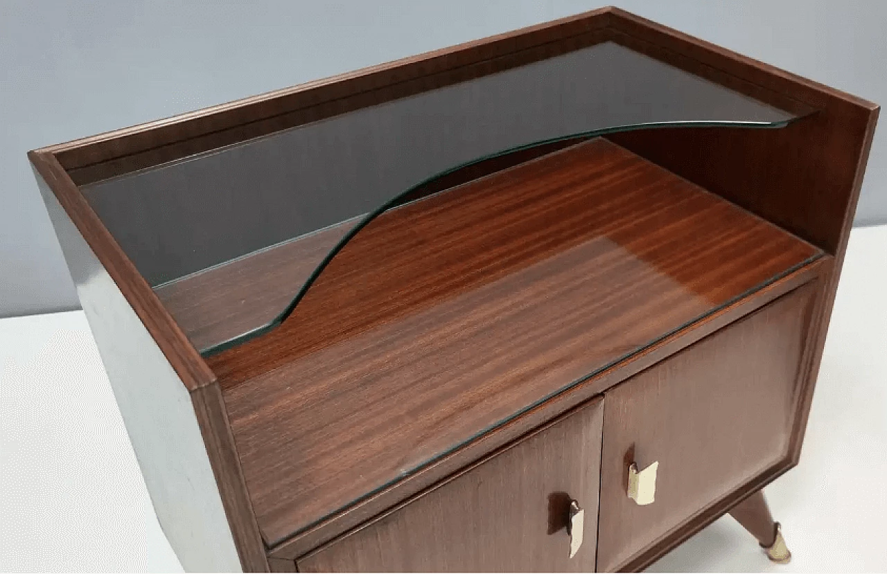 Pair of wooden bedside tables with crystal top shelf, 1950s 8