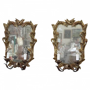 Pair of gilded wooden wall sconces with mirror, 1920s
