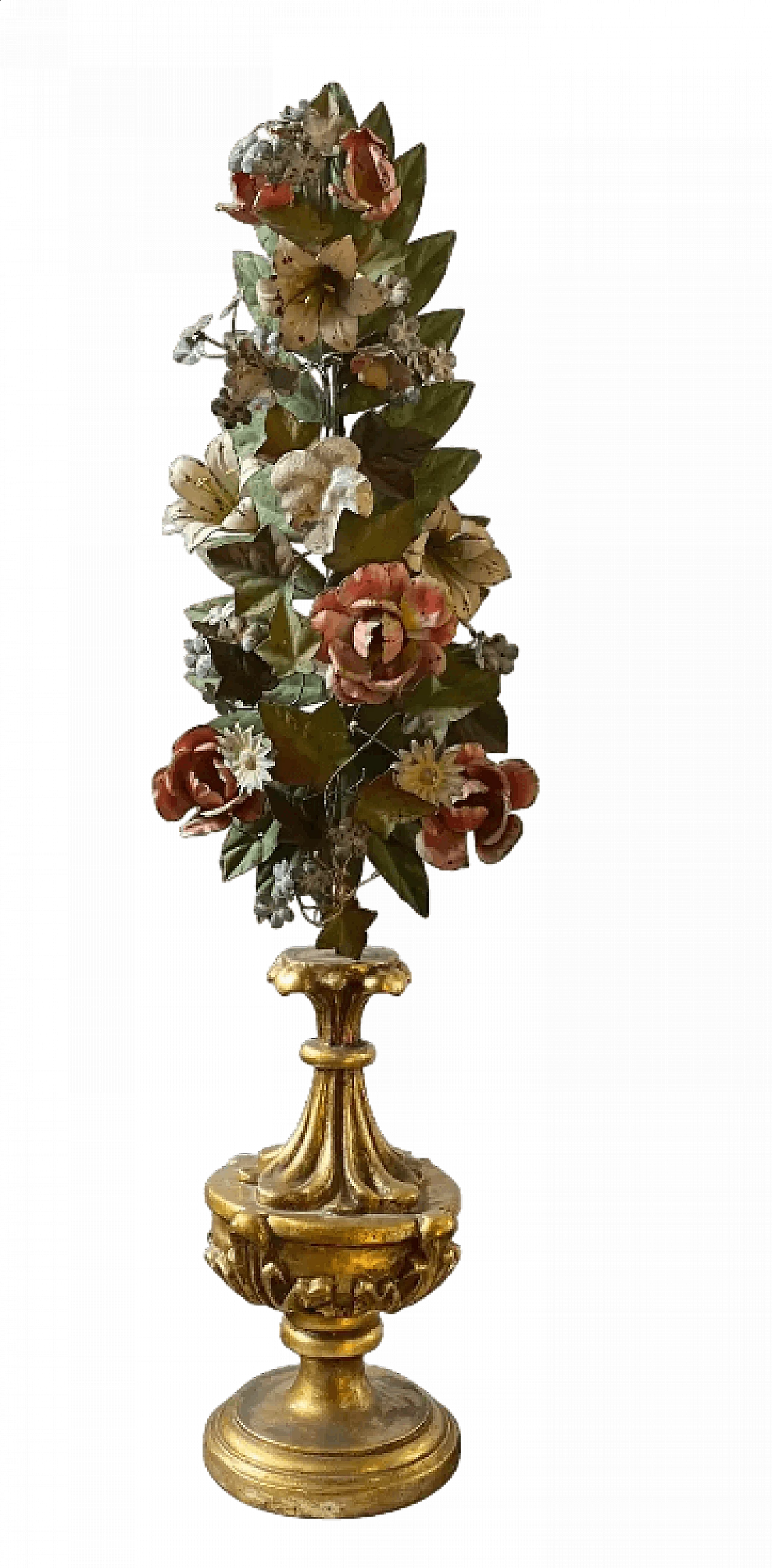 Portapalme siciliano con composizione floreale in metallo coeva, '800 7