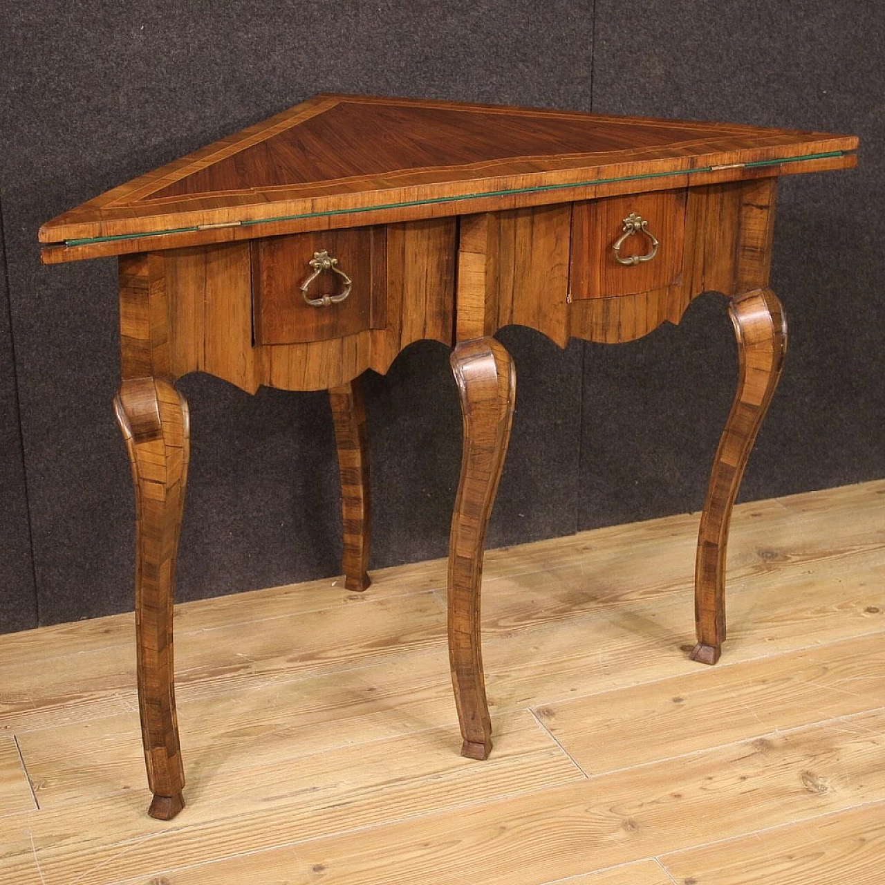 Triangular wood game table with inlays, 1950s 1