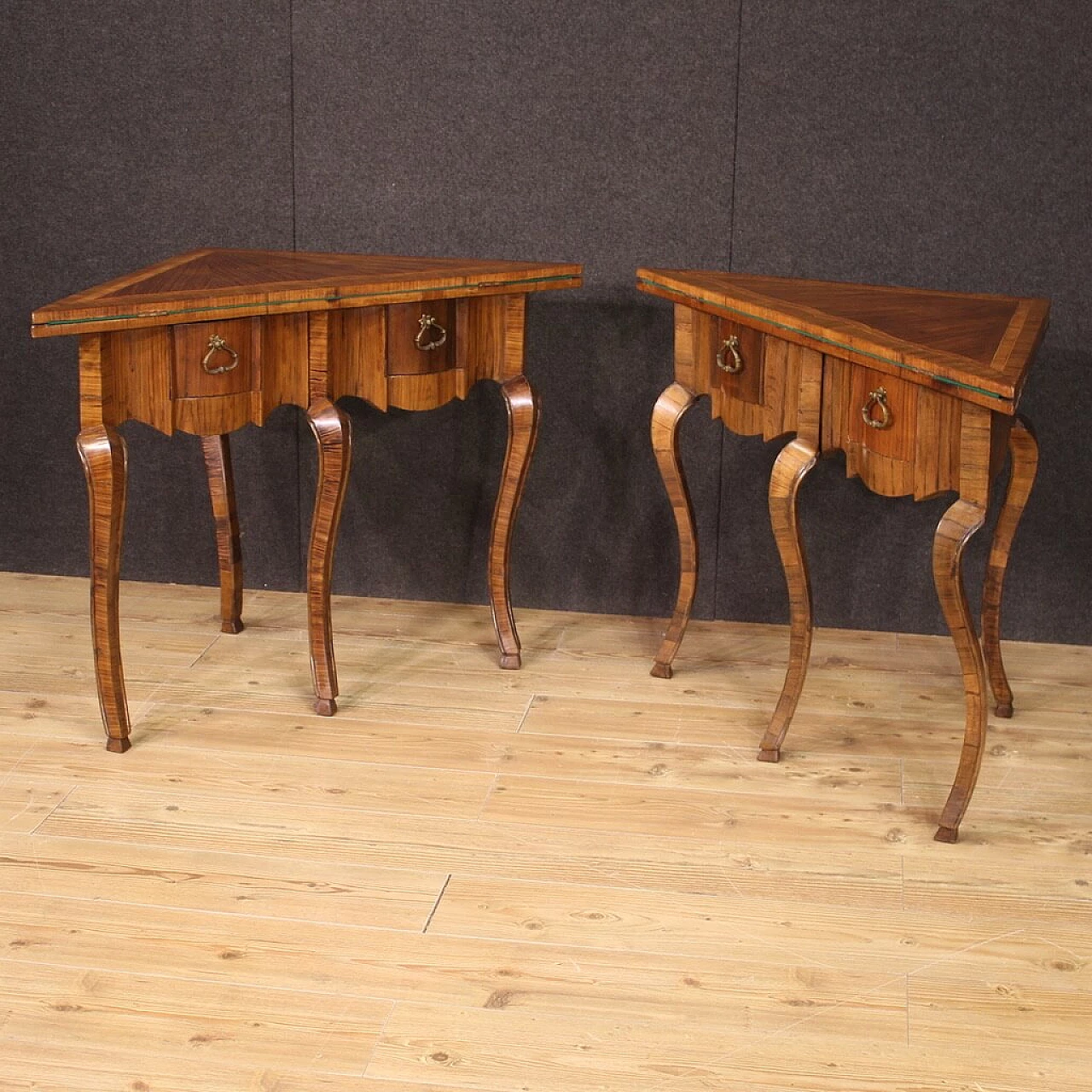 Triangular wood game table with inlays, 1950s 2
