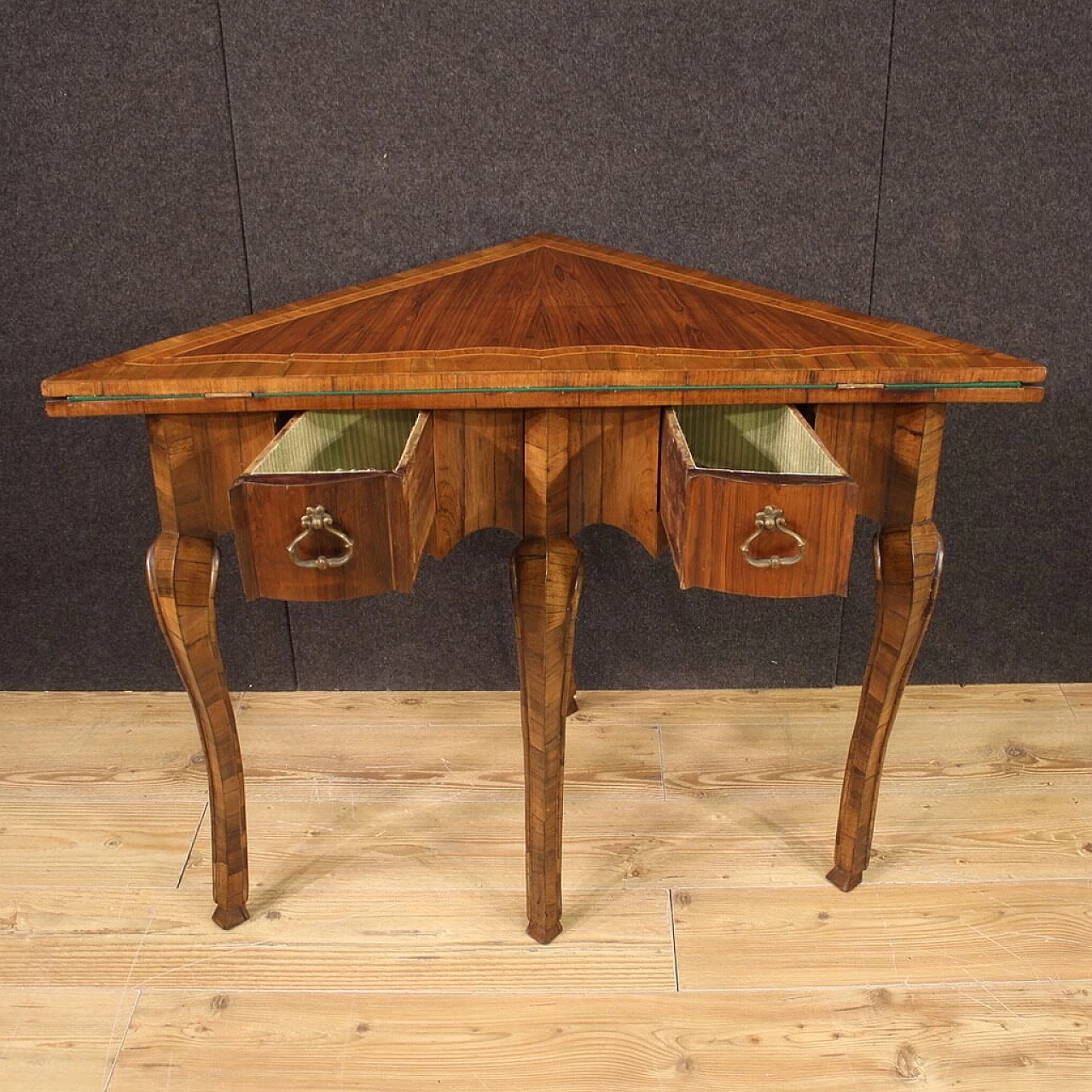 Triangular wood game table with inlays, 1950s 3