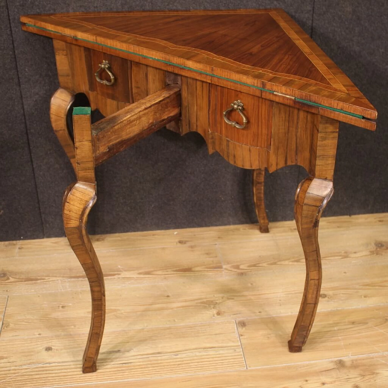 Triangular wood game table with inlays, 1950s 4