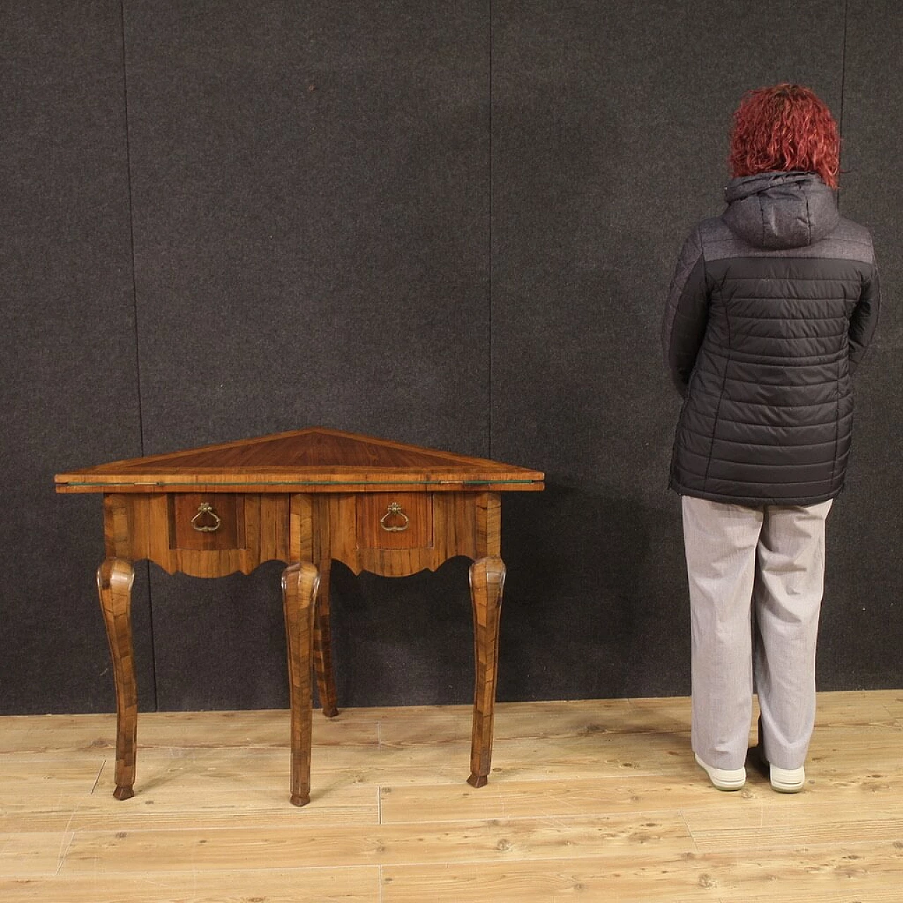 Triangular wood game table with inlays, 1950s 5