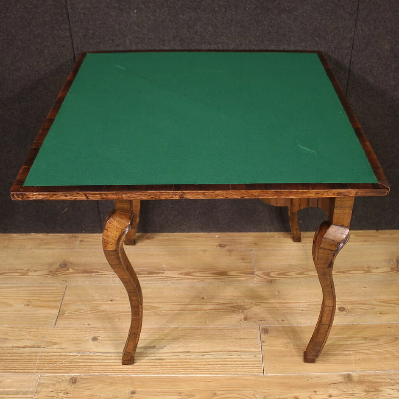 Triangular wood game table with inlays, 1950s 6