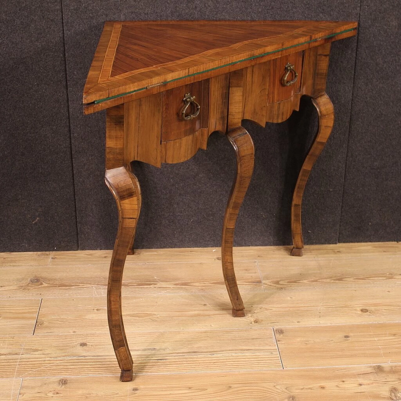 Triangular wood game table with inlays, 1950s 7