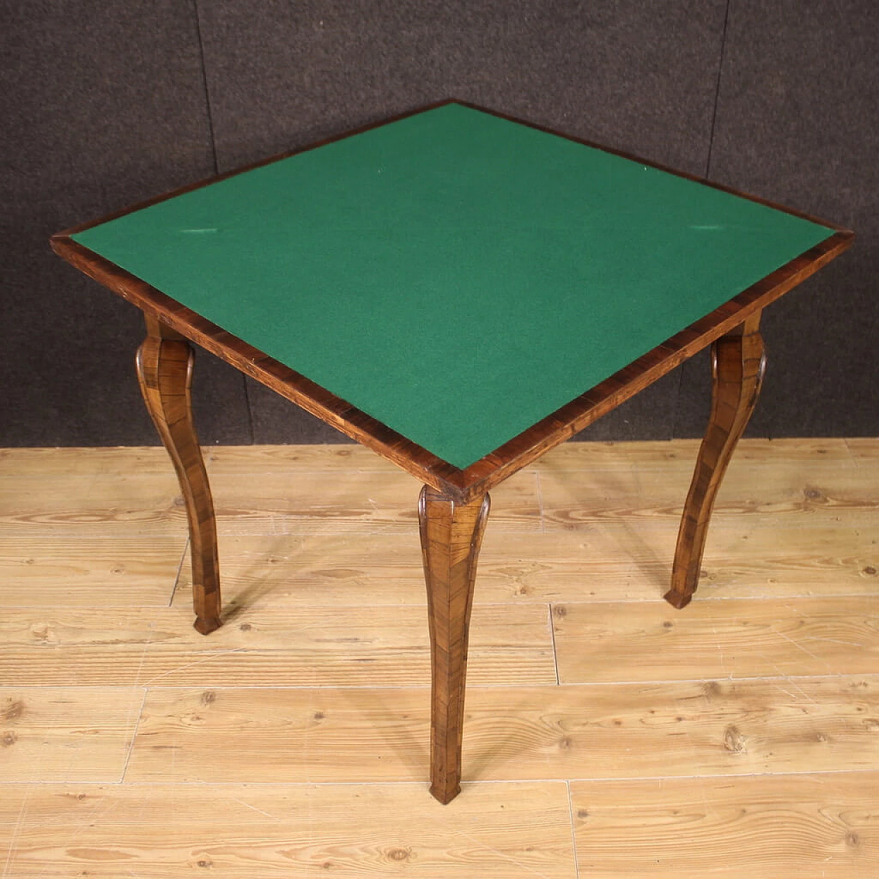 Triangular wood game table with inlays, 1950s 8