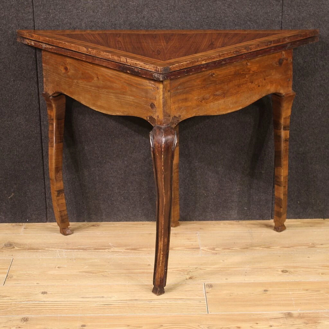 Triangular wood game table with inlays, 1950s 9