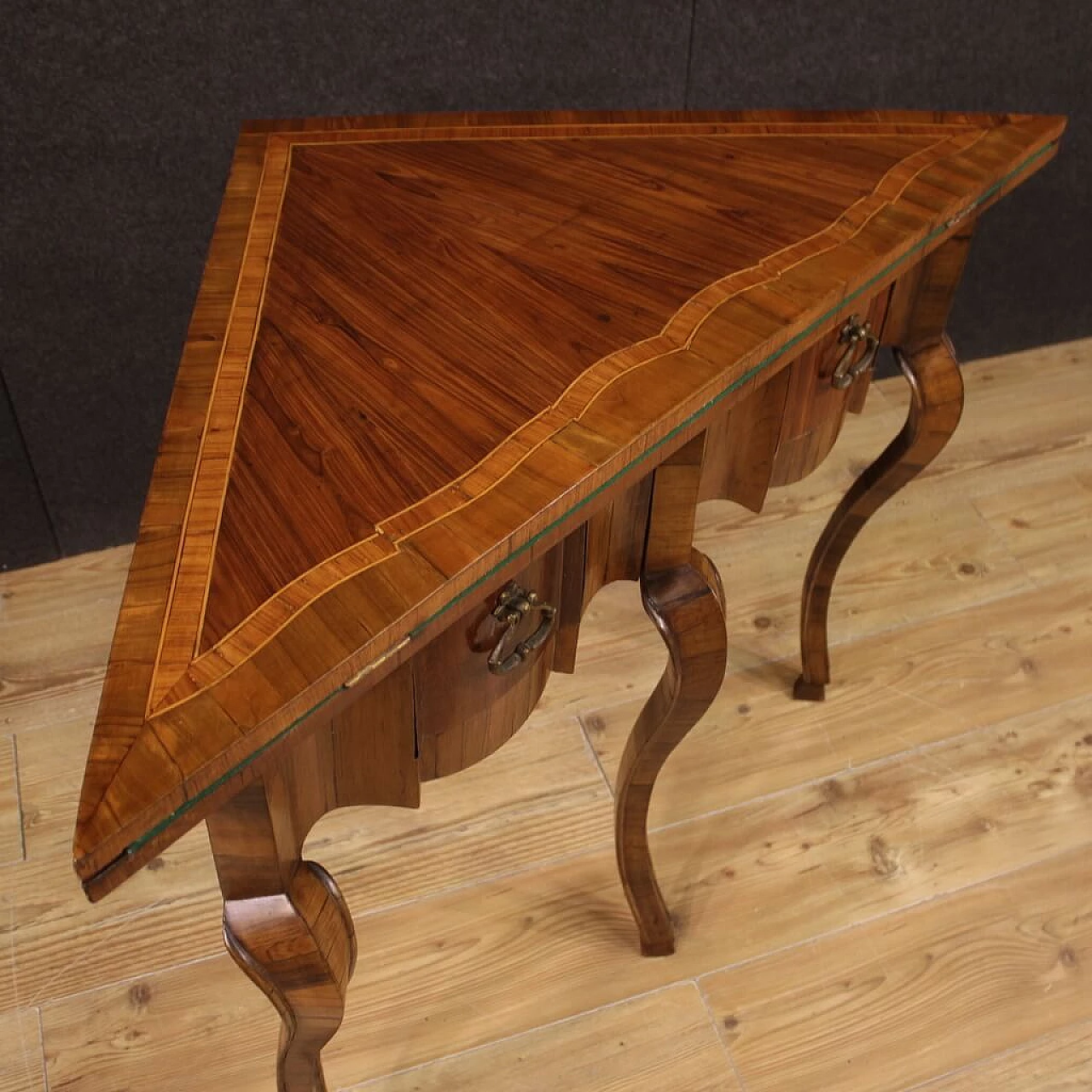 Triangular wood game table with inlays, 1950s 10