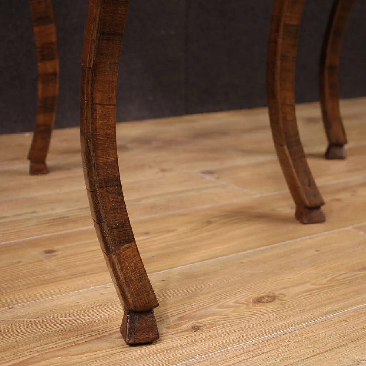 Triangular wood game table with inlays, 1950s 11