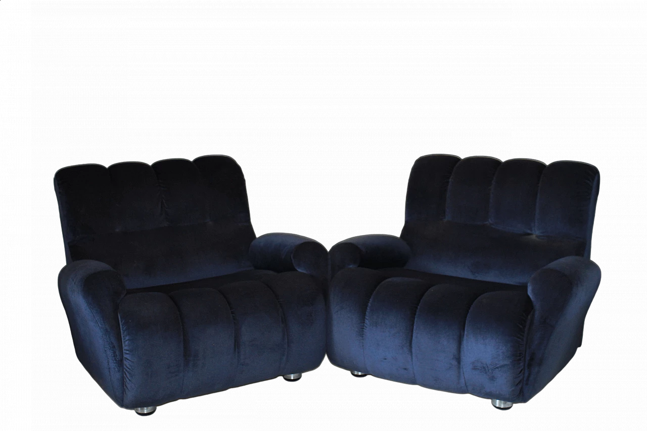 Pair of blue velvet armchairs, 1980s 4