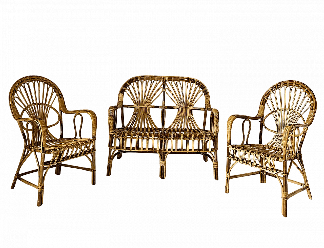 Sofa and pair of armchairs in rattan, 1960s 14