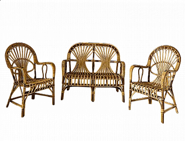 Sofa and pair of armchairs in rattan, 1960s