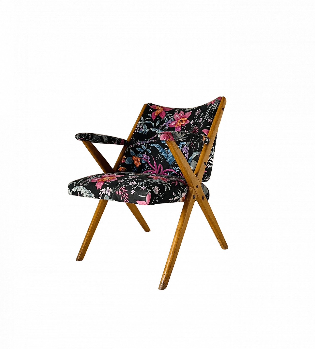 Armchair in solid beech and floral patterned fabric, 1960s 11