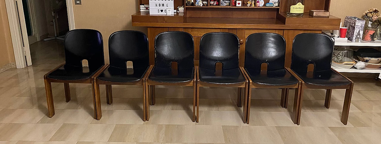 6 Chairs 121 by Scarpa for Cassina in wood and black leather, 1960s 5