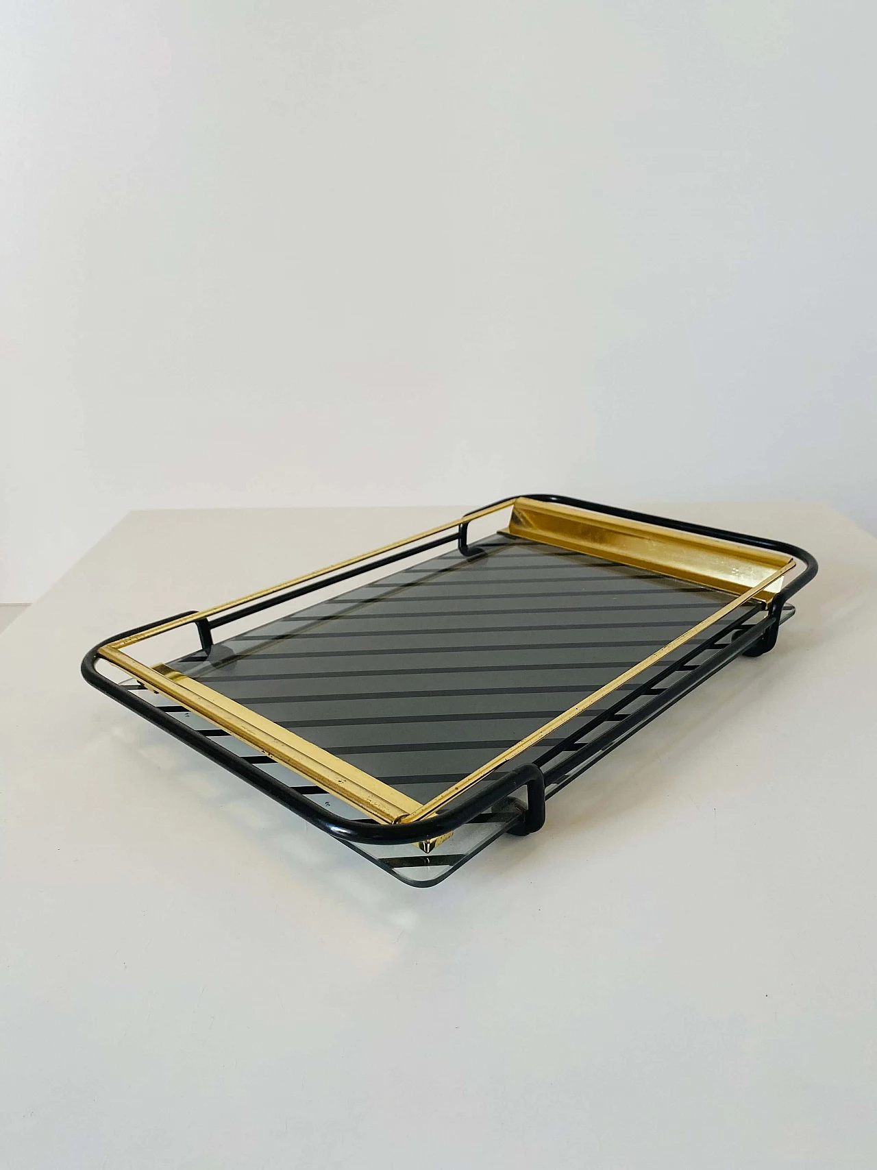 Tray with gilded metal frame and glass top, 1970s 4